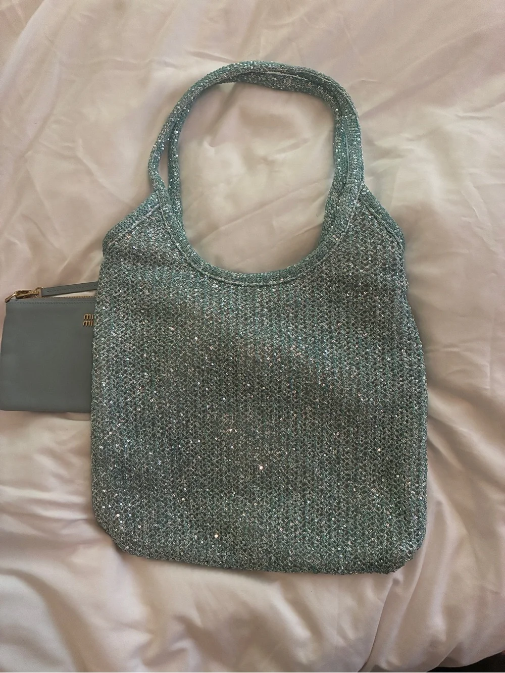 Miu Miu Teal Knit Tote with Matching Teal Pouch